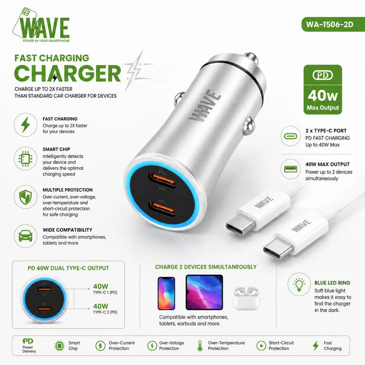 40W Dual USB-C Autolader met PD USB-C naar USB-C Kabel 1 Meter-Ilumina Benelux