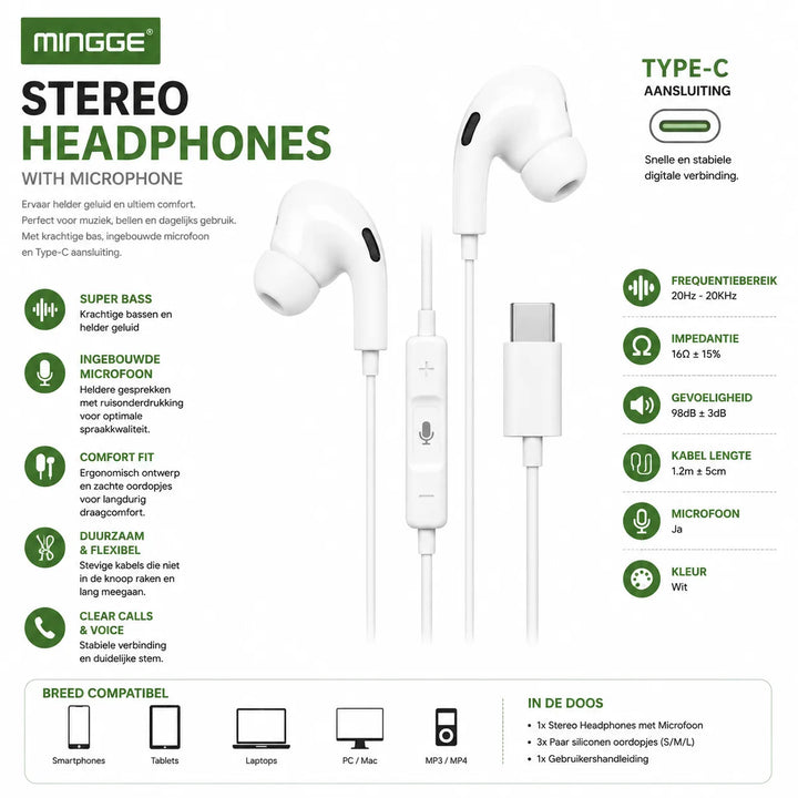 Mingge M32 Type-C Stereo Oordopjes met Microfoon – USB-C Bedrade Headset – Dynamic Bass – Wit-Ilumina Benelux