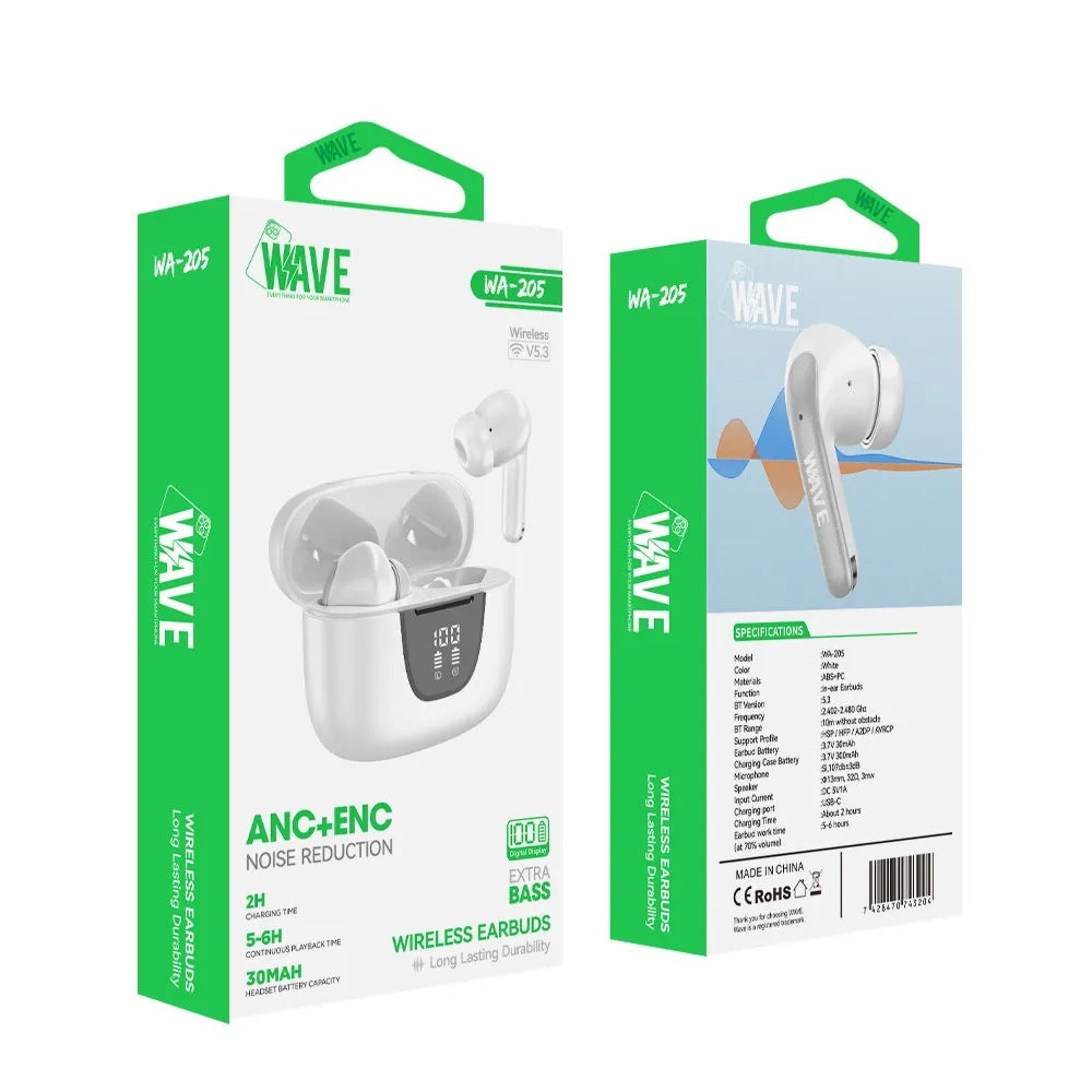 Draadloze Bluetooth 5.3 Oordopjes met ANC & ENC – TWS Earbuds met Digitaal Display, Extra Bass en Oplaadcase – Wit