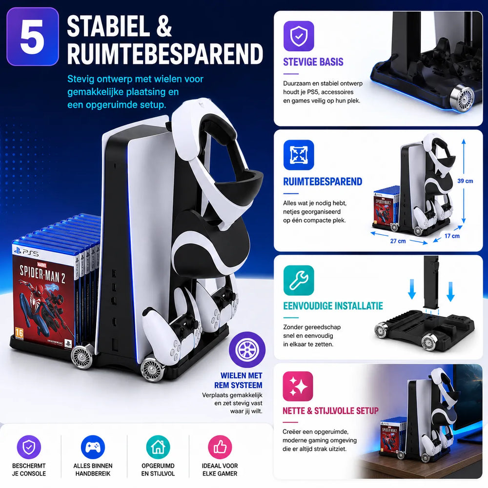 PS5 Opbergstation - Standaard met Koelventilatie - Oplaadstation voor DualSense - Games & Headset Houder-Ilumina Benelux