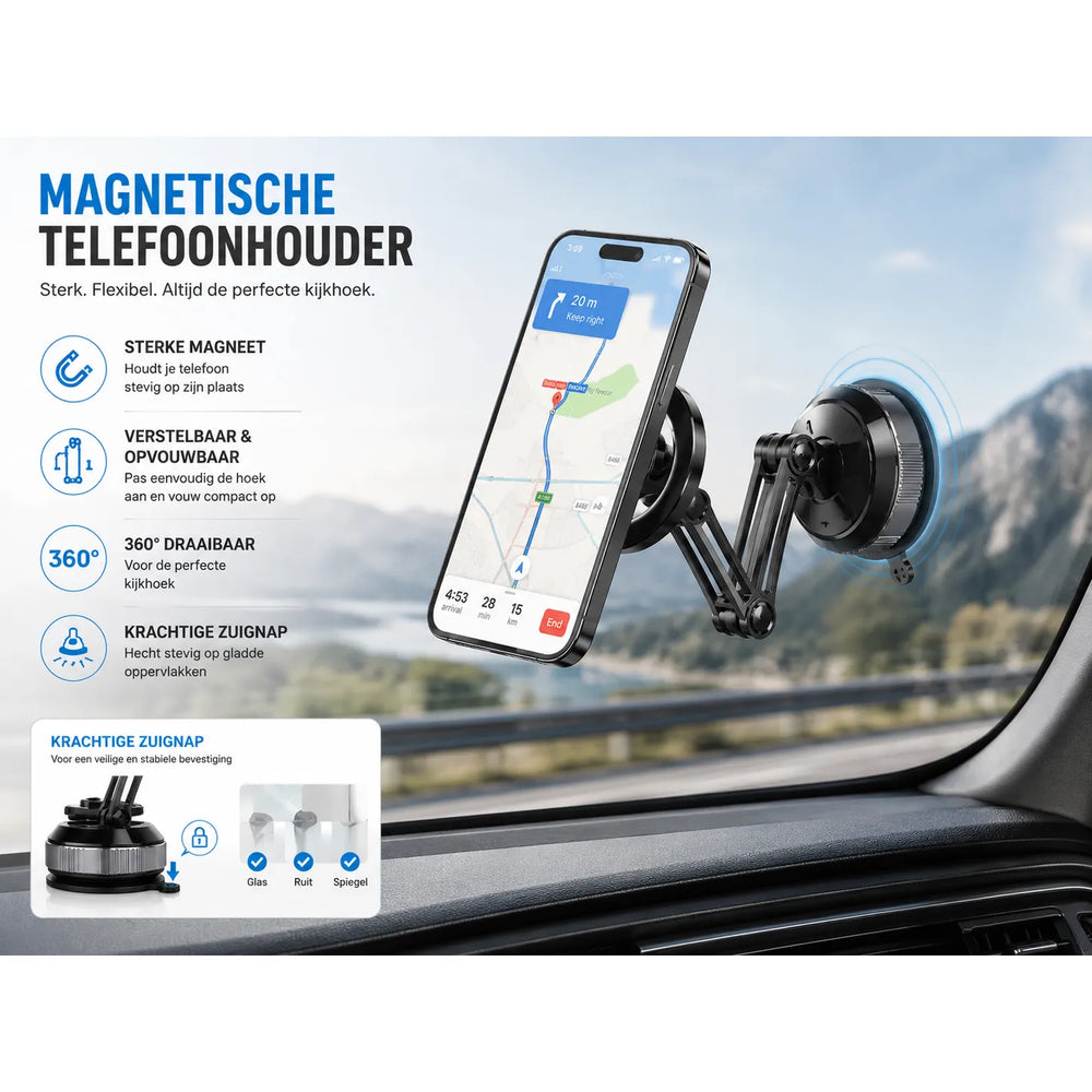 MagSafe Vacuüm Telefoonhouder – Sterke Zuignap – 360° Draaibaar – Opvouwbaar – Dashboard, Bureau & Ramen – Zwart