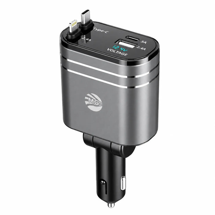 4-in-1 Autolader – 120W – USB-C PD 100W – USB-A 2.4A – Uitschuifbare Kabels – Snellader Auto-Ilumina Benelux