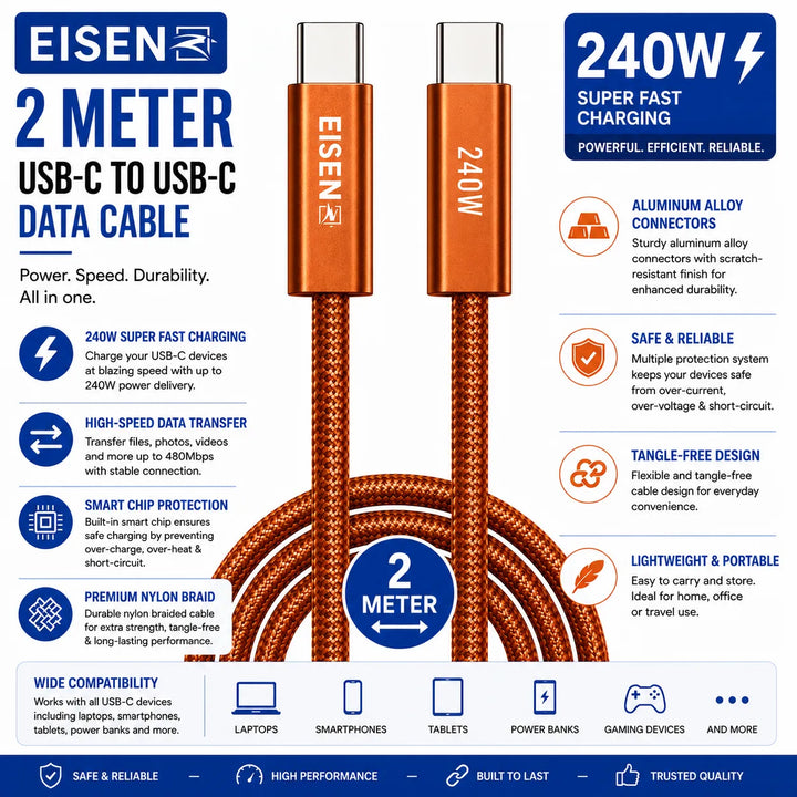 240W USB-C naar USB-C Snellaadkabel 2 Meter Gevlochten-Ilumina Benelux
