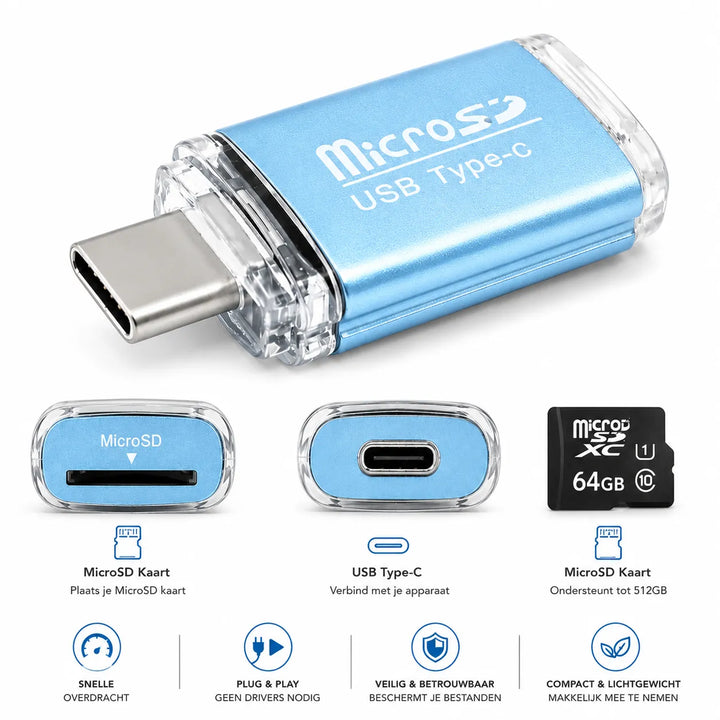 USB-C MicroSD Kaartlezer – MicroSD Geheugenkaart Adapter – OTG Card Reader – Ondersteunt tot 512GB – Blauw