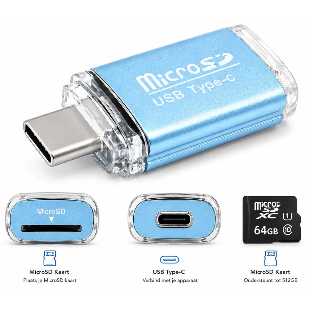 USB-C MicroSD Kaartlezer – MicroSD Geheugenkaart Adapter – OTG Card Reader – Ondersteunt tot 512GB – Blauw