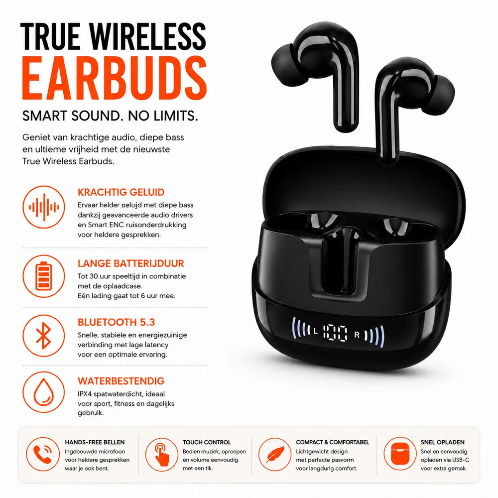 Draadloze Bluetooth Oordopjes met ENC – LED Display – True Wireless Earbuds – Zwart-Ilumina Benelux