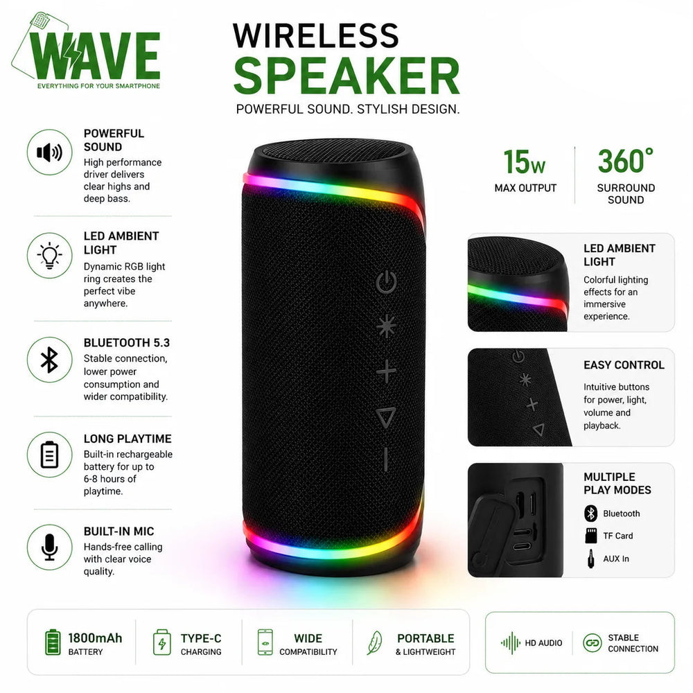 Draadloze Bluetooth Speaker 15W – RGB Verlichting – Bluetooth 5.3 – USB-C – 360° Geluid