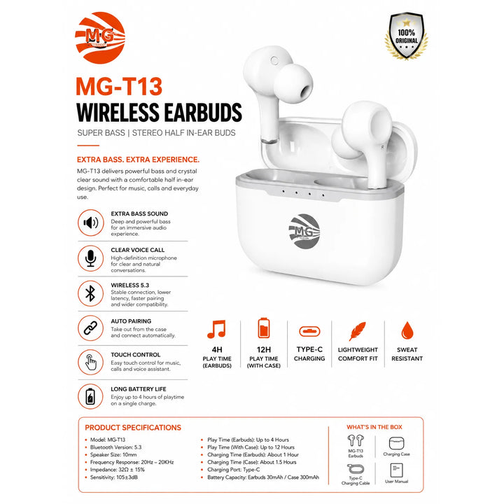 TWS Draadloze Bluetooth Oordopjes – Extra Bass – Stereo Geluid – Wit-Ilumina Benelux