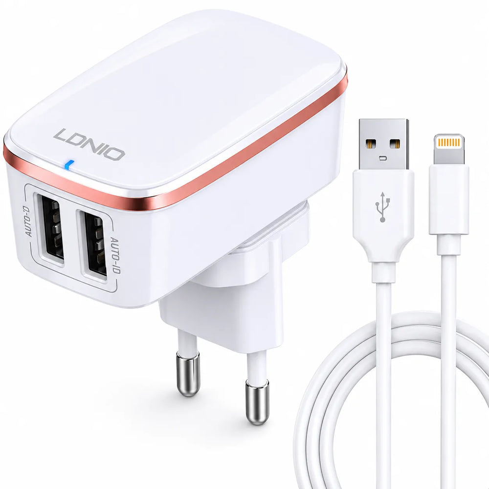 LDNIO A2204 2-Poorts USB Snellader 2.4A met Lightning Kabel - Opvouwbare Reislader - Dual USB Adapter-Ilumina Benelux