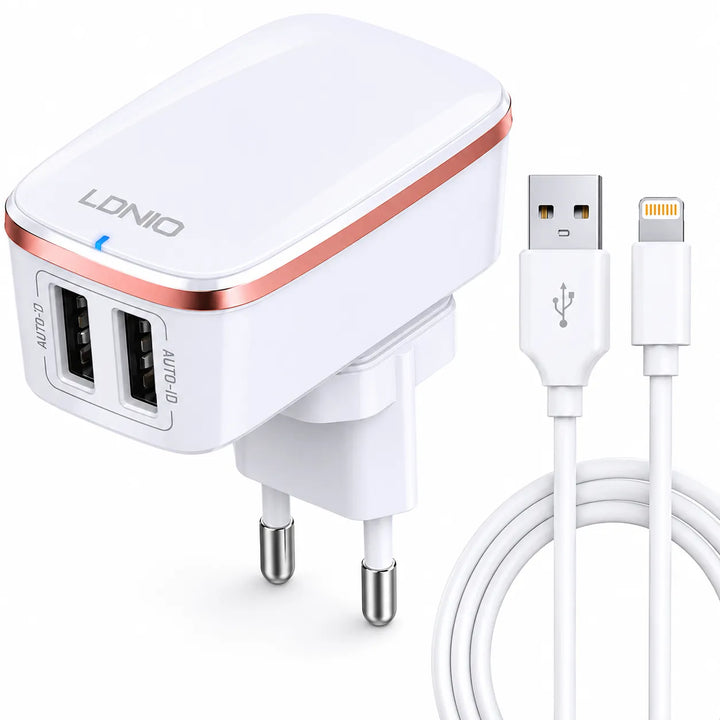 LDNIO A2204 2-Poorts USB Snellader 2.4A met Lightning Kabel - Opvouwbare Reislader - Dual USB Adapter-Ilumina Benelux