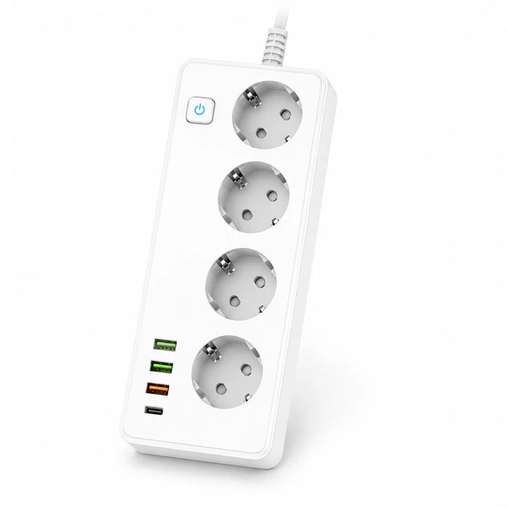 Stekkerdoos 2500W met 4 Stopcontacten, 3x USB-A (18W + QC 3.0) en 1x USB-C PD 30W – 3 Meter Kabel – Wit-Ilumina Benelux