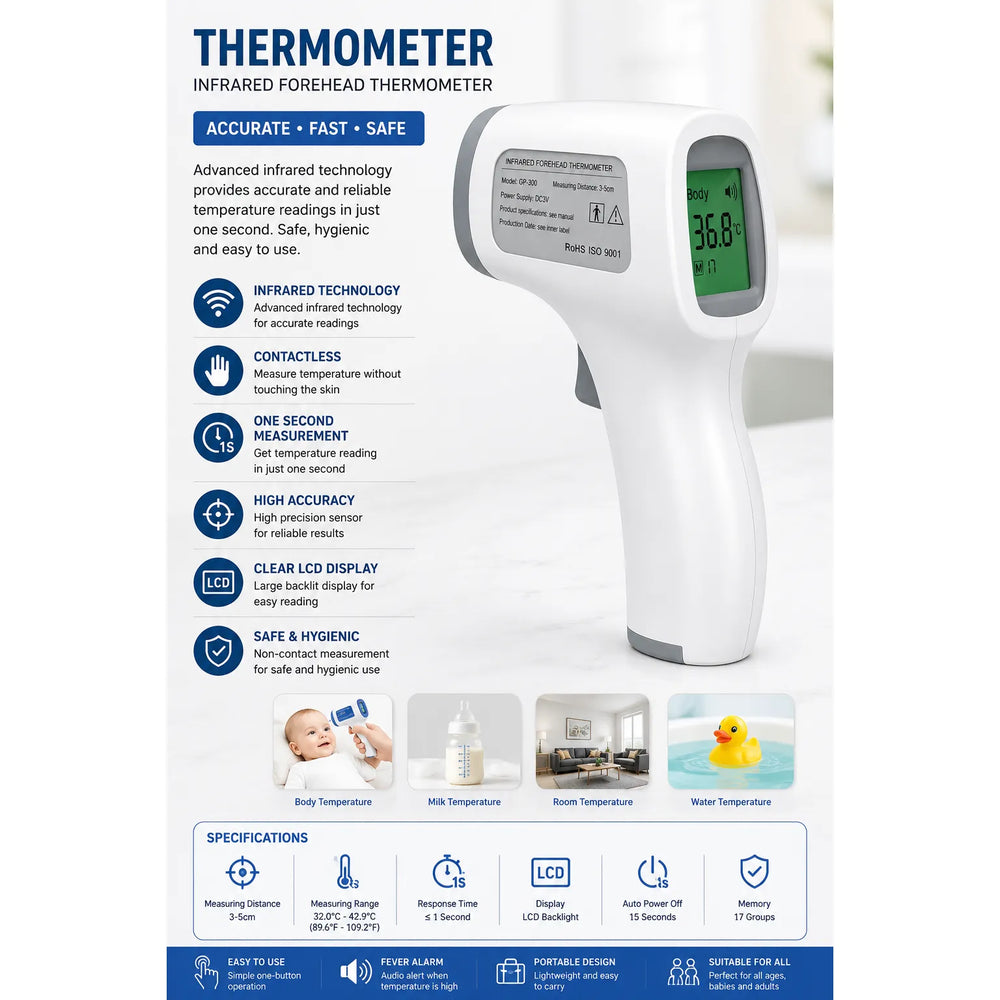 Infrarood Voorhoofdthermometer – Contactloze Digitale Koortsthermometer – LCD Display – Koortsalarm – Voor Baby, Kinderen & Volwassenen-Ilumina Benelux