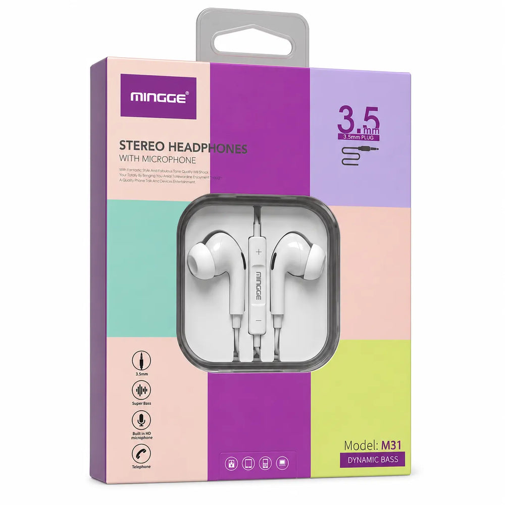 Mingge M31 Stereo Oordopjes met Microfoon – 3.5mm Bedrade Headset – Wit-Ilumina Benelux