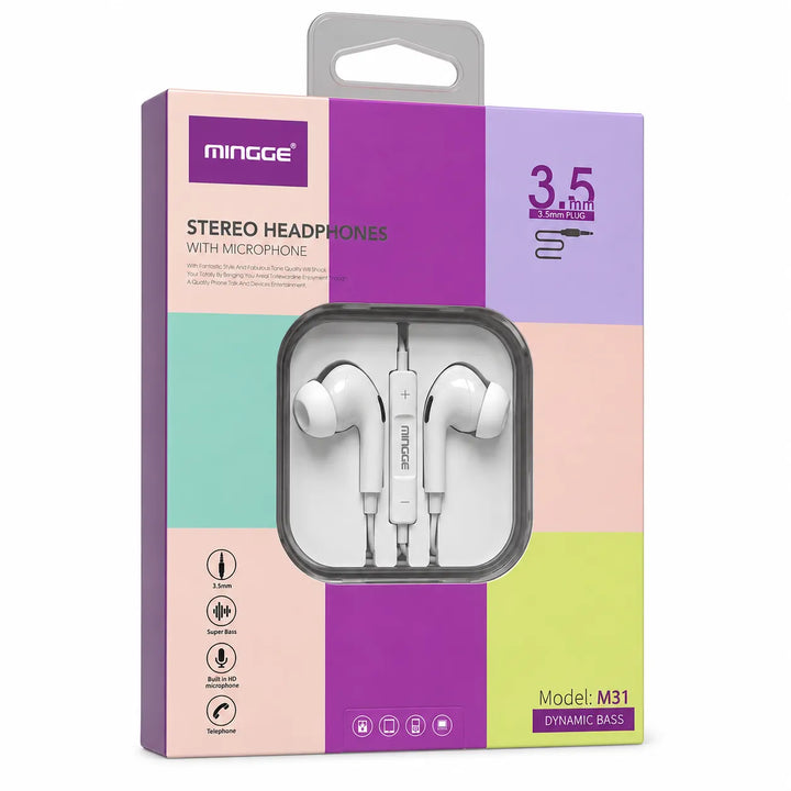 Mingge M31 Stereo Oordopjes met Microfoon – 3.5mm Bedrade Headset – Wit-Ilumina Benelux