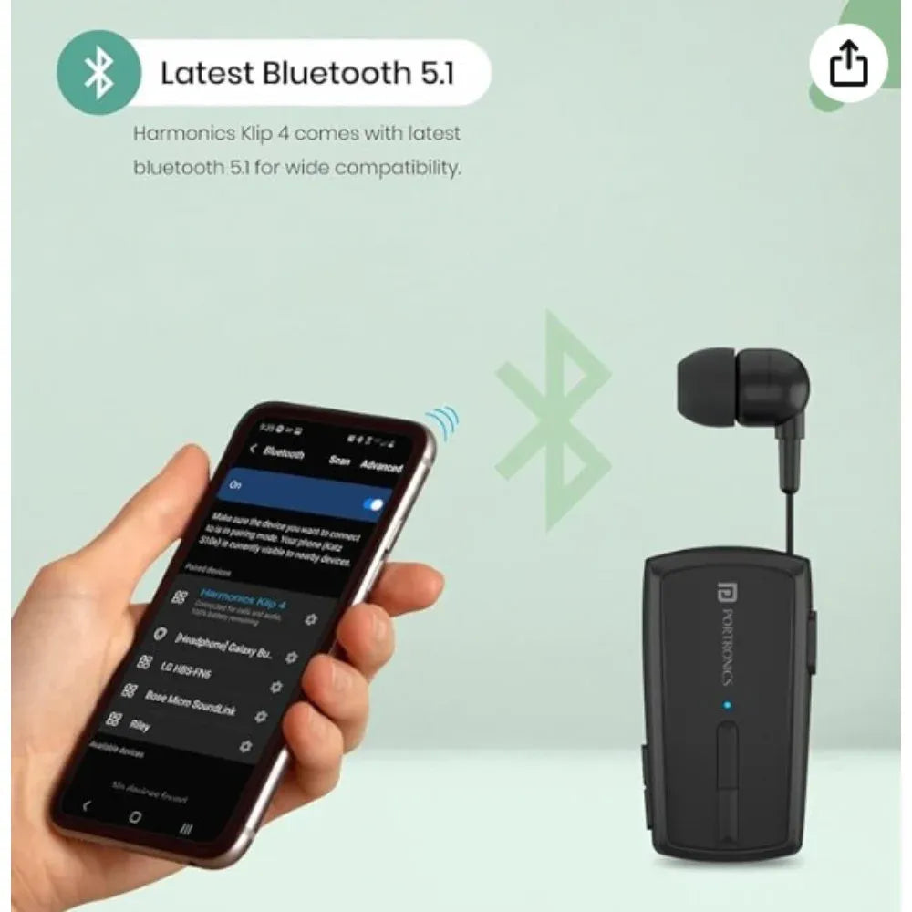 In-Ear Bluetooth Handsfree Headset met Intrekbare Oordop – Bluetooth 5.1 – 12 Uur Gesprekstijd – Dual Connect – Zwart