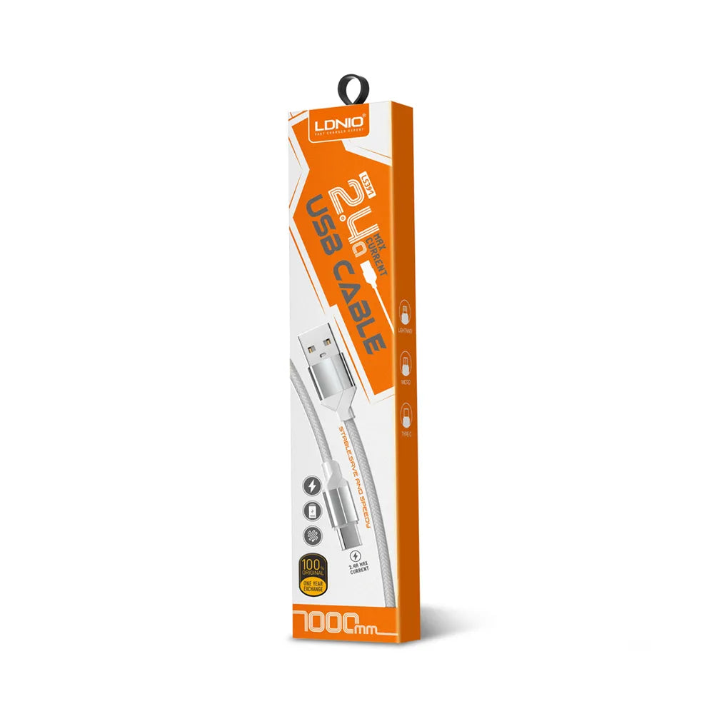 LDNIO LS391 USB-A naar Lightning Kabel – 1 Meter – Nylon Fast Charging Datakabel – Wit-Ilumina Benelux
