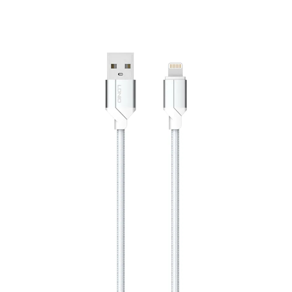 LDNIO LS391 USB-A naar Lightning Kabel – 1 Meter – Nylon Fast Charging Datakabel – Wit-Ilumina Benelux