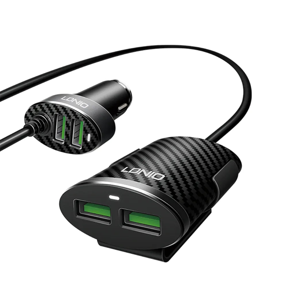 LDNIO C502 4-Poorts USB Autolader 5.1A met Verlengkabel voor Voor- en Achterbank-Ilumina Benelux