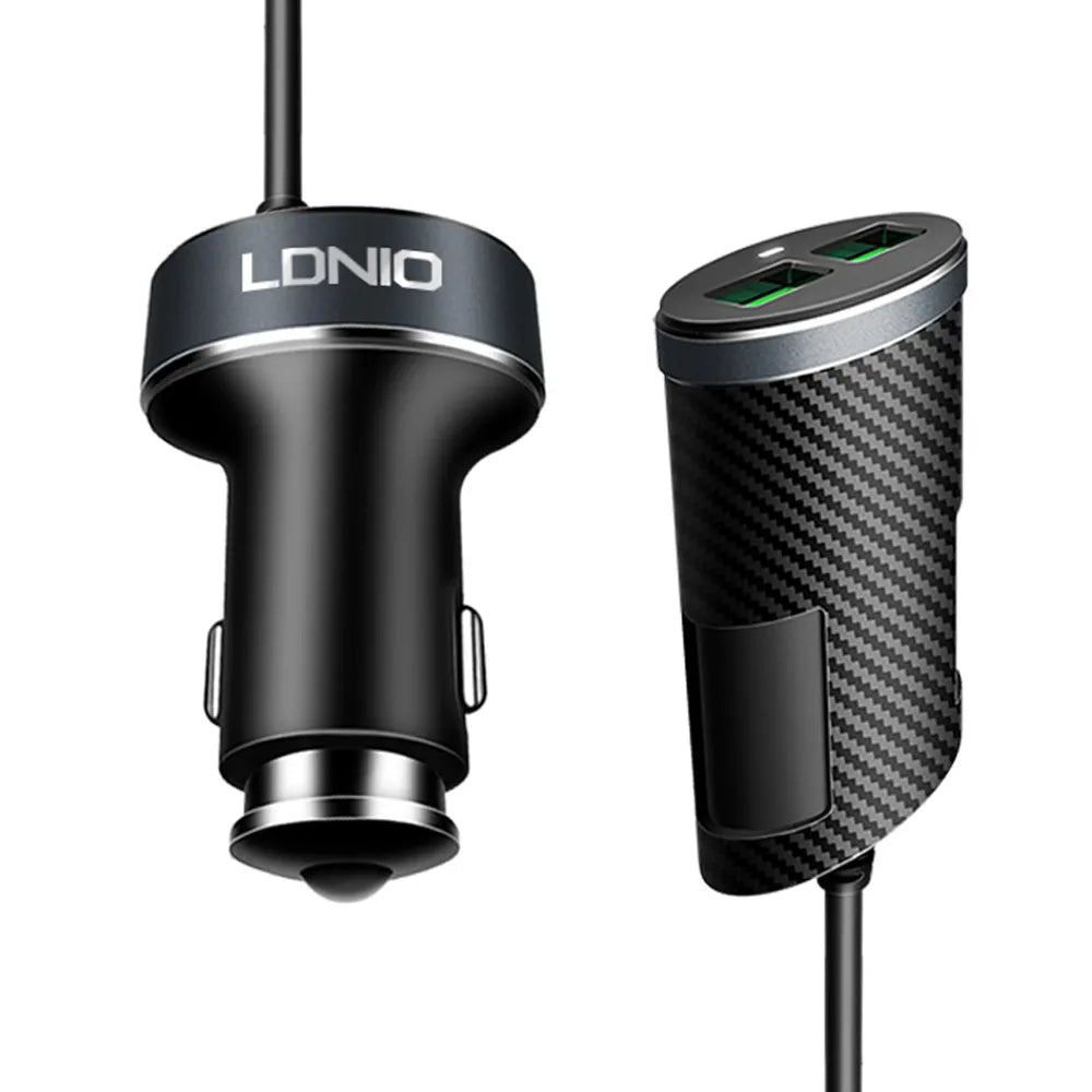 LDNIO C502 4-Poorts USB Autolader 5.1A met Verlengkabel voor Voor- en Achterbank-Ilumina Benelux