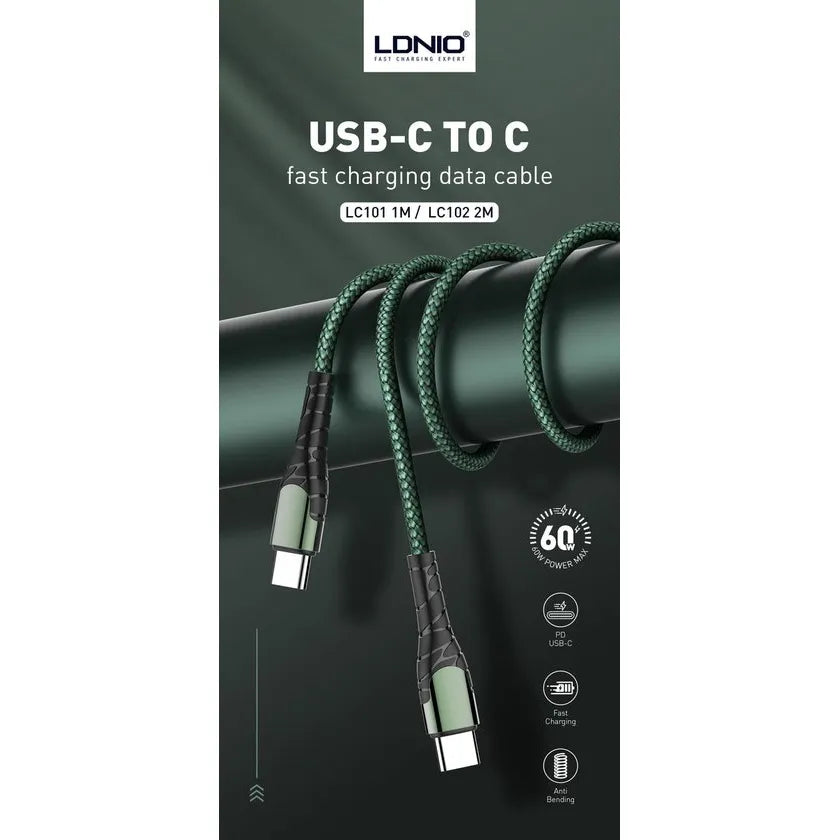 LDNIO LC102 USB-C naar USB-C Kabel – 2 Meter – 65W PD Fast Charge Datakabel – Zwart-Ilumina Benelux