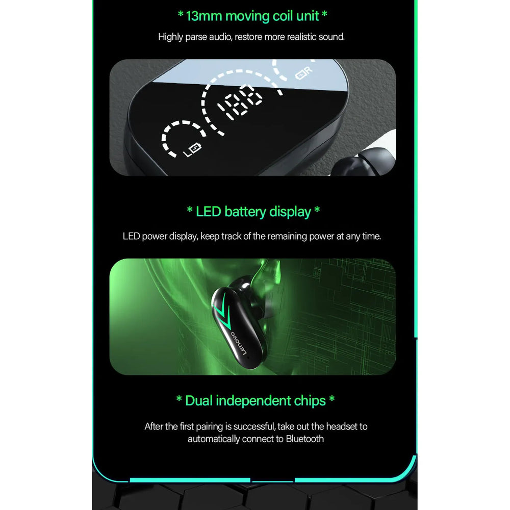 Lenovo XT82 Draadloze Bluetooth Oordopjes – Bluetooth 5.1 Headset met LED Display – Zwart-Ilumina Benelux