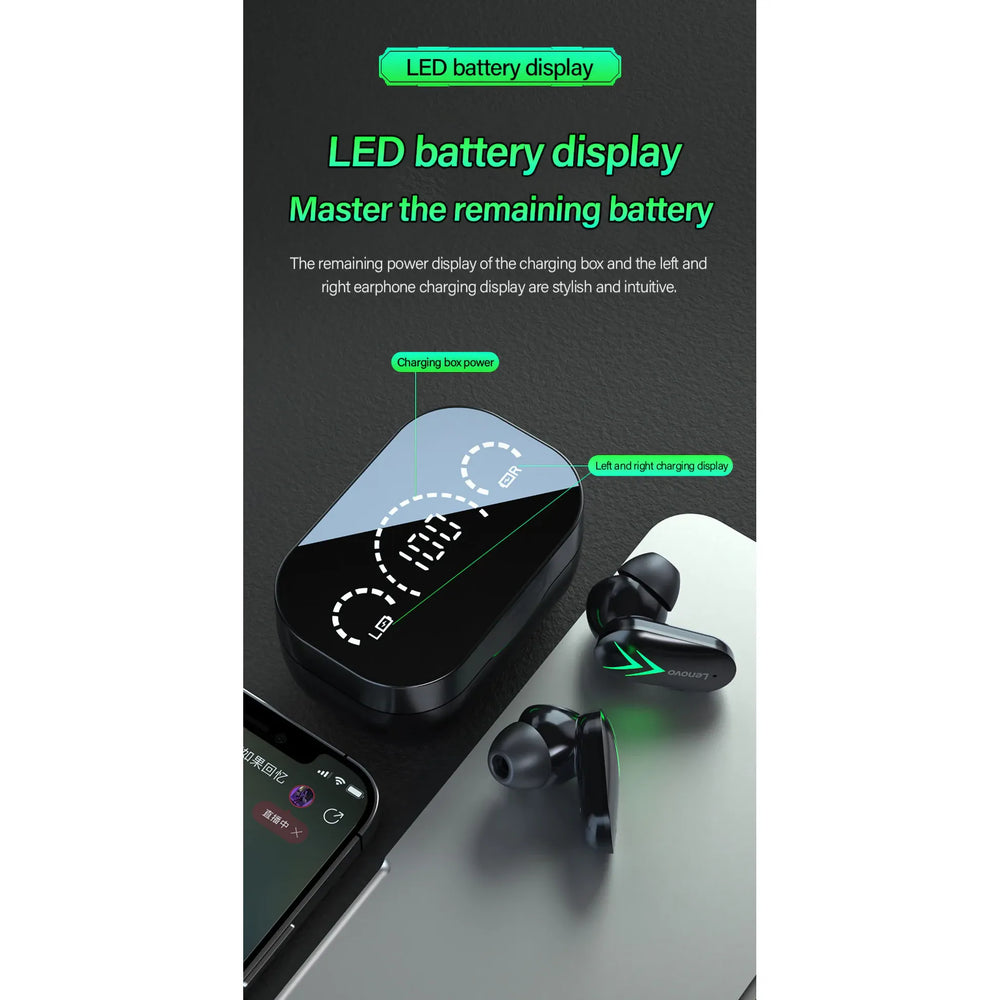 Lenovo XT82 Draadloze Bluetooth Oordopjes – Bluetooth 5.1 Headset met LED Display – Zwart-Ilumina Benelux