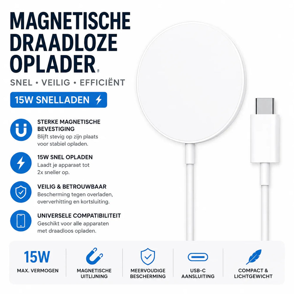Magnetische Draadloze Oplader 15W – Geschikt voor MagSafe iPhone 17 / 16 / 15 / 14 / 13 / 12 Series – AirPods – Apple Watch – USB-C – Wit-Ilumina Benelux