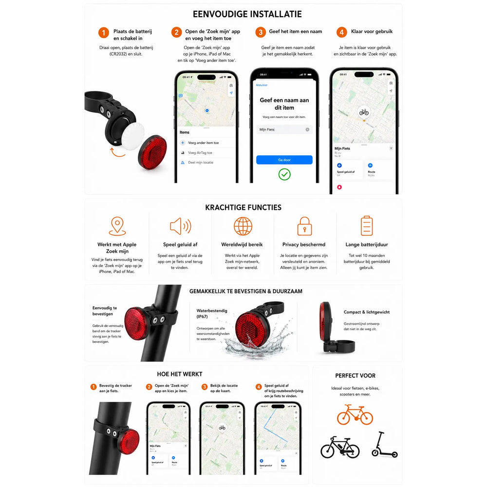 Fiets Tracker met Achterlicht – Werkt met Apple Zoek Mijn (Find My) – Verborgen GPS Tracker voor Fiets & E-bike – IP67 Waterdicht