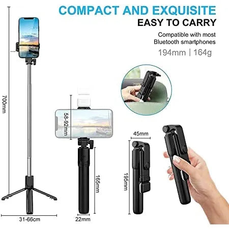 Selfie Stick met LED Verlichting en Bluetooth Afstandsbediening – Uitschuifbaar Statief 104 cm – 360° Draaibaar – Geschikt voor iPhone & Android Smartphones – Zwart