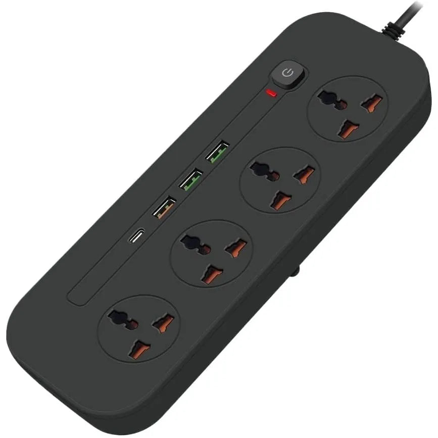 Stekkerdoos met 4 Stopcontacten, 3x USB & USB-C PD Snelladen – 3000W – 2 Meter Kabel – Overspanningsbeveiliging – Zwart