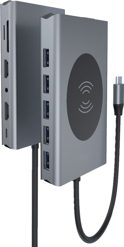 USB-C Hub – 14-in-1 Multipoort Adapter – Draadloze Oplader – 2x HDMI 4K/VGA – 87W PD – Ethernet/SD/Audio – Zwart-Ilumina Benelux