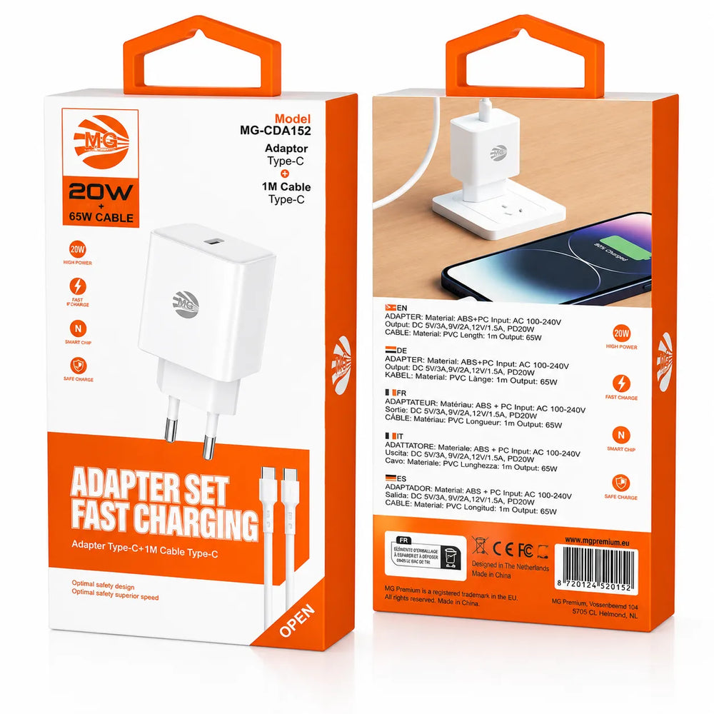 Snellader met Kabel – 20W Power Delivery – USB-C Poort – 65W USB-C naar USB-C Kabel 1 Meter – Wit-Ilumina Benelux