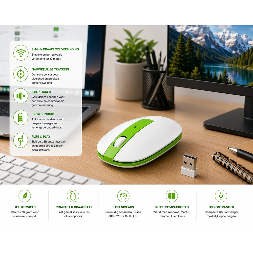 Draadloze Optische Muis 2.4GHz – 1600 DPI – USB Nano Ontvanger – Compact & Lichtgewicht – Groen