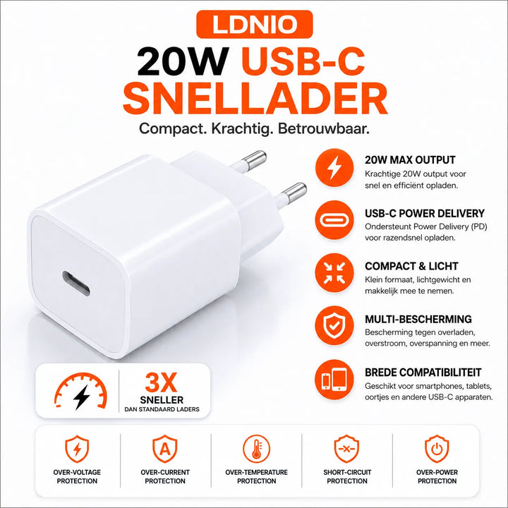 USB-C Adapter 20W - Snellader USB-C - PD Fast Charger - Universele USB-C Oplader - USB-C Lader voor iPhone & Samsung - Wit-Ilumina Benelux