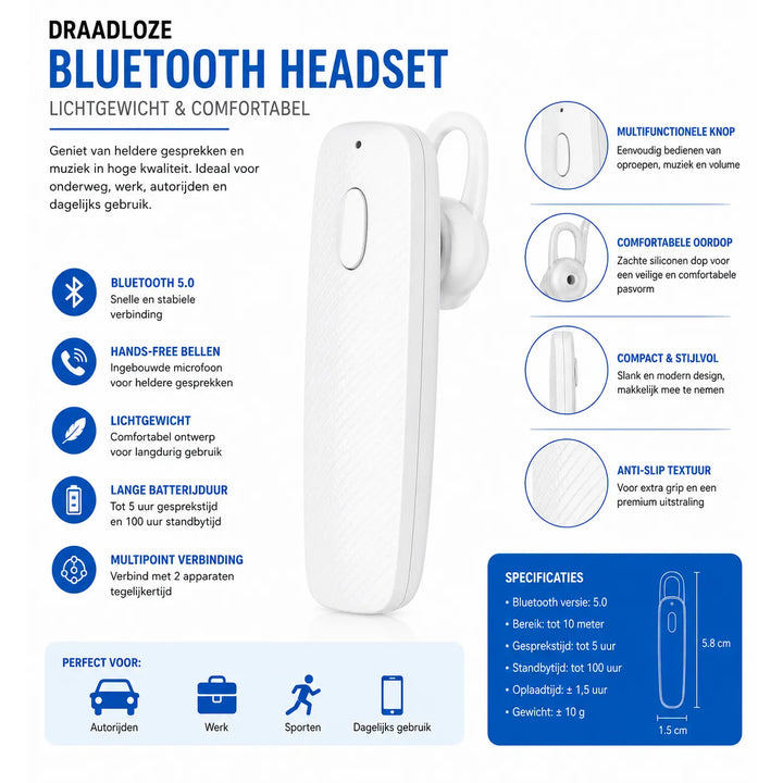 Stereo Wireless Headset – Bluetooth Oordopje met Microfoon – Wit-Ilumina Benelux
