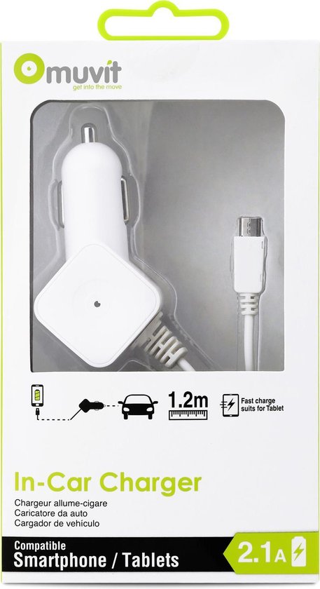 Muvit autolader Micro-USB connector - wit - 2.1 Amp - 1.2m-Ilumina Benelux