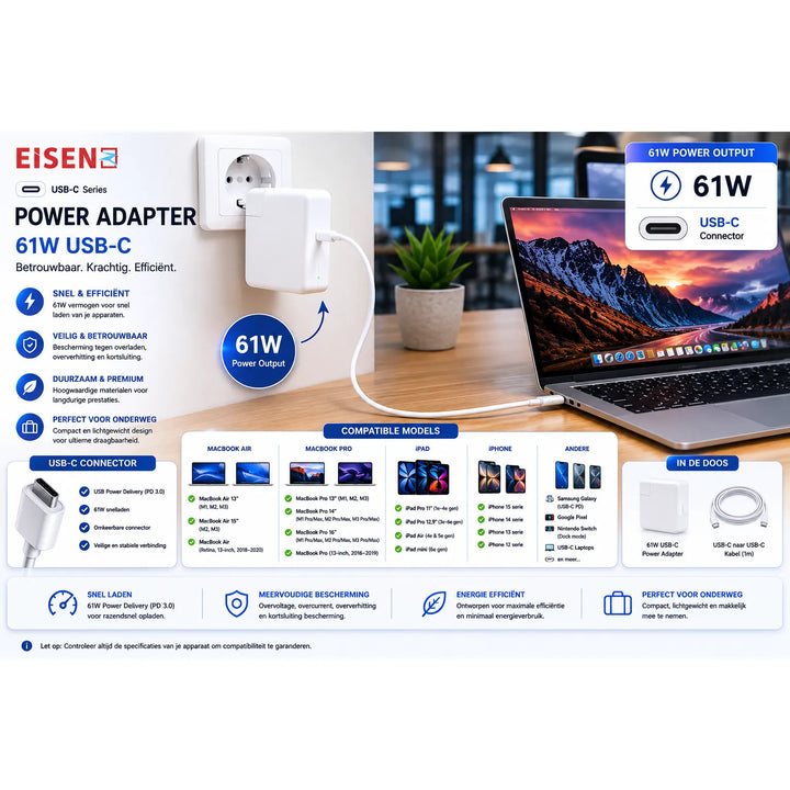 61W USB-C MacBook Oplader – USB-C Power Adapter – Snellader voor MacBook Pro, MacBook Air, iPad & USB-C Apparaten – Wit-Ilumina Benelux