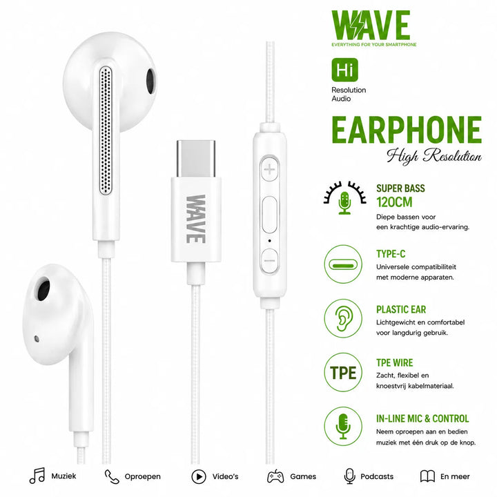USB-C Oordopjes – Bedrade In-Ear Koptelefoon met Microfoon & Volumeregeling – Type-C Earphones – 120 cm Kabel – Wit-Ilumina Benelux
