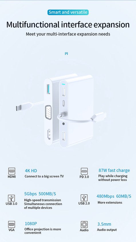 USB-C Hub Adapter – 7-in-1 Docking Station – HDMI 4K & VGA – USB 3.0 – PD 100W – SD Kaartlezer – Grijs-Ilumina Benelux