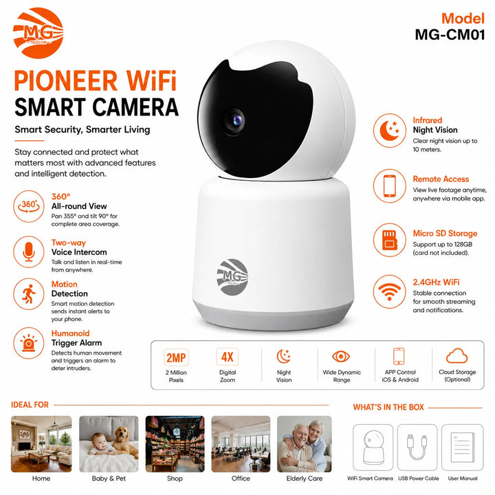 Pioneer WiFi Smart Camera – 360° Beveiligingscamera – Full HD – Bewegingsdetectie – Nachtzicht – Wit-Ilumina Benelux