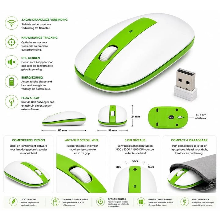 Draadloze Optische Muis 2.4GHz – 1600 DPI – USB Nano Ontvanger – Compact & Lichtgewicht – Groen-Ilumina Benelux