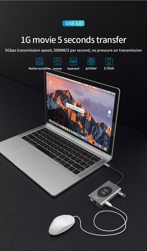 USB-C Hub – 14-in-1 Multipoort Adapter – Draadloze Oplader – 2x HDMI 4K/VGA – 87W PD – Ethernet/SD/Audio – Zwart-Ilumina Benelux