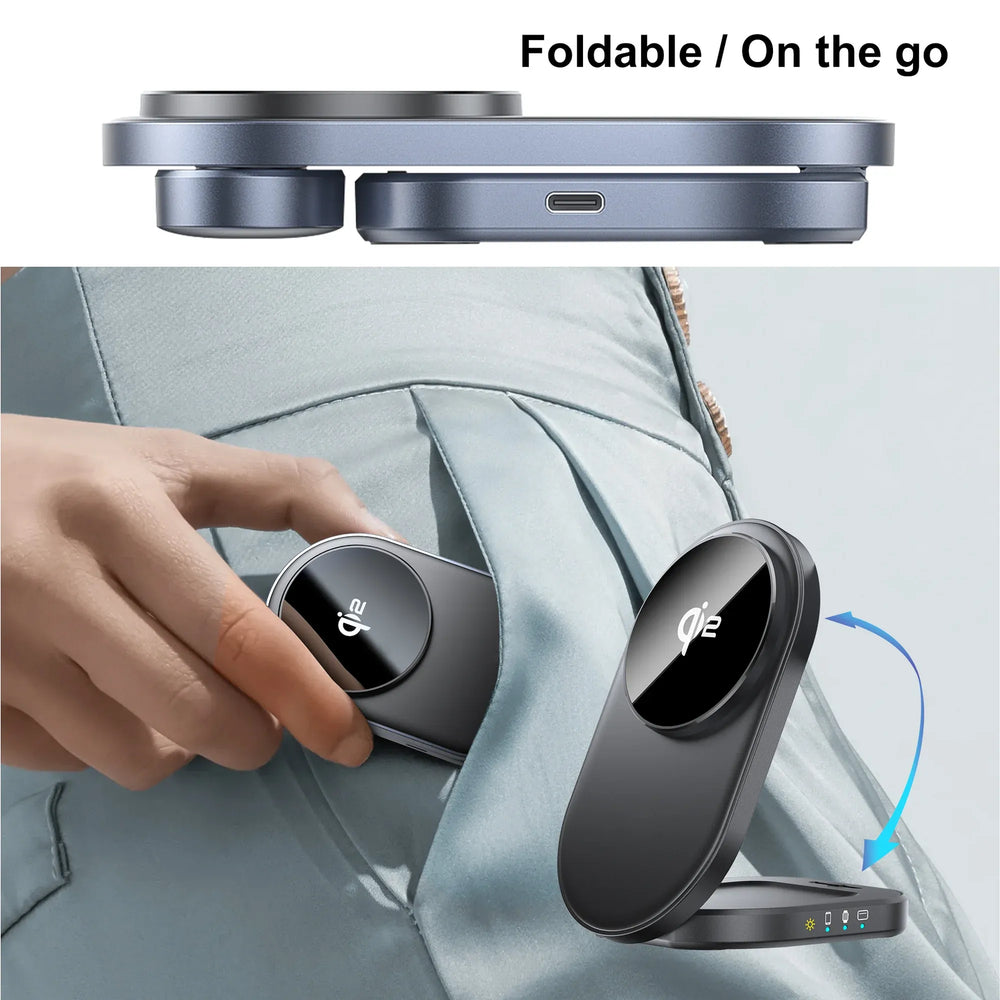 3-in-1 Qi2 Draadloze Oplader met MagSafe – 15W Snelladen voor iPhone, AirPods & Apple Watch – Opvouwbare Magnetische Oplaadstandaard – USB-C – Zwart