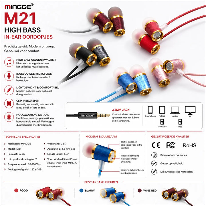 Mingge M21 High Bass In-Ear Oordopjes met Microfoon – 3.5mm Stereo Headset - Wine Red-Ilumina Benelux