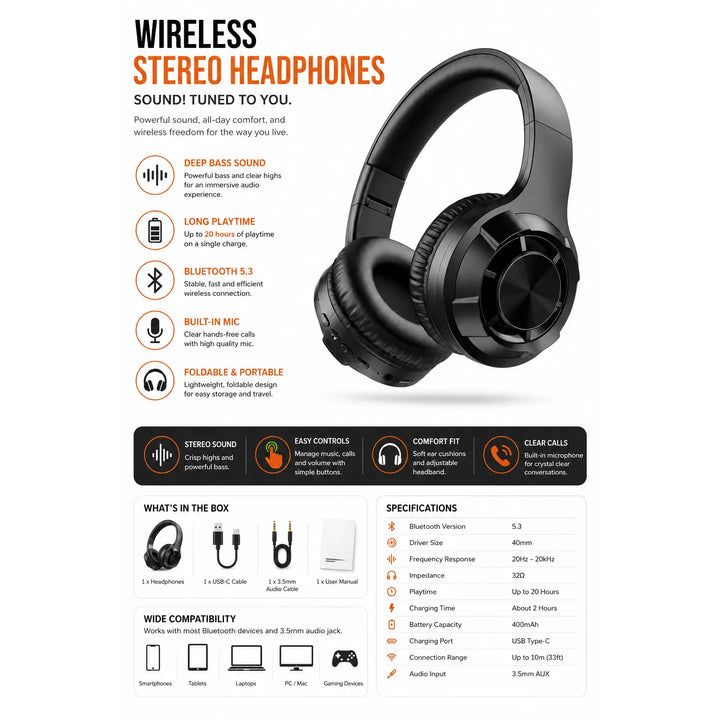 Draadloze Bluetooth Koptelefoon – Over-Ear Headset met Microfoon – Bluetooth 5.3 – 20 Uur Batterijduur – Zwart-Ilumina Benelux