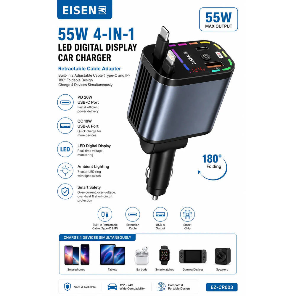 55W 4-in-1 Fast Charge Autolader met LED Display en Uitschuifbare Kabels-Ilumina Benelux