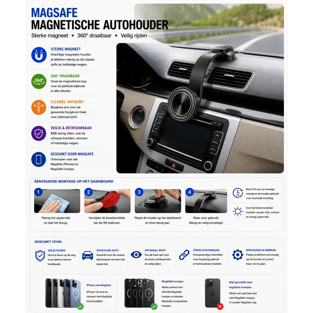 MagSafe Dashboard Autohouder – Magnetische Telefoonhouder Auto – Verstelbare Arm – 360° Draaibaar – Dashboard Montage