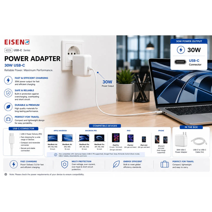 30W USB-C MacBook Oplader – USB-C Power Adapter – Snellader voor MacBook Air, iPad & iPhone – Wit-Ilumina Benelux