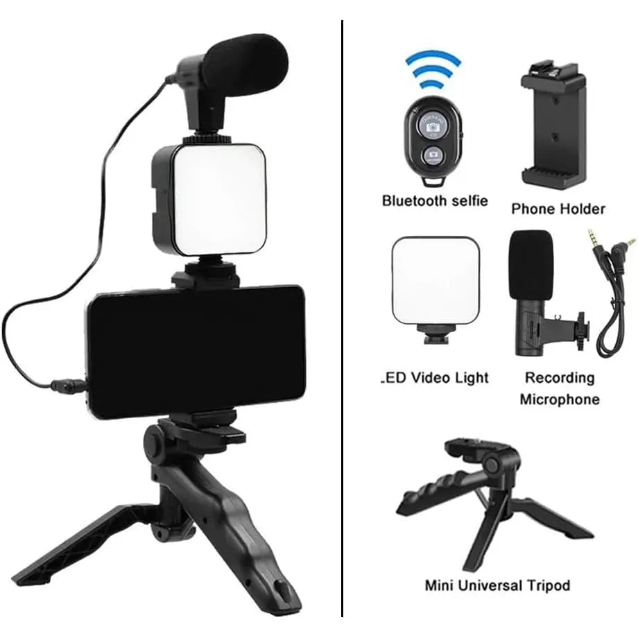 Vlog Kit voor Smartphone – Video Rig met Microfoon en LED Verlichting – Camera Stabilizer Handgreep – Filmmaking Set voor YouTube, TikTok & Livestreaming