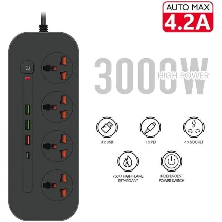Stekkerdoos met 4 Stopcontacten, 3x USB & USB-C PD Snelladen – 3000W – 2 Meter Kabel – Overspanningsbeveiliging – Wit